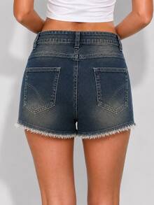 Zerodot Women Dark Wash Denim Asymmetric Lace Detail Elegant Skort Party Going Out Spring Fall - Medium Wash - View 2