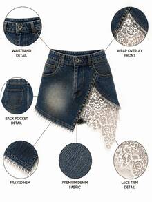 Zerodot Women Dark Wash Denim Asymmetric Lace Detail Elegant Skort Party Going Out Spring Fall - Medium Wash - View 8