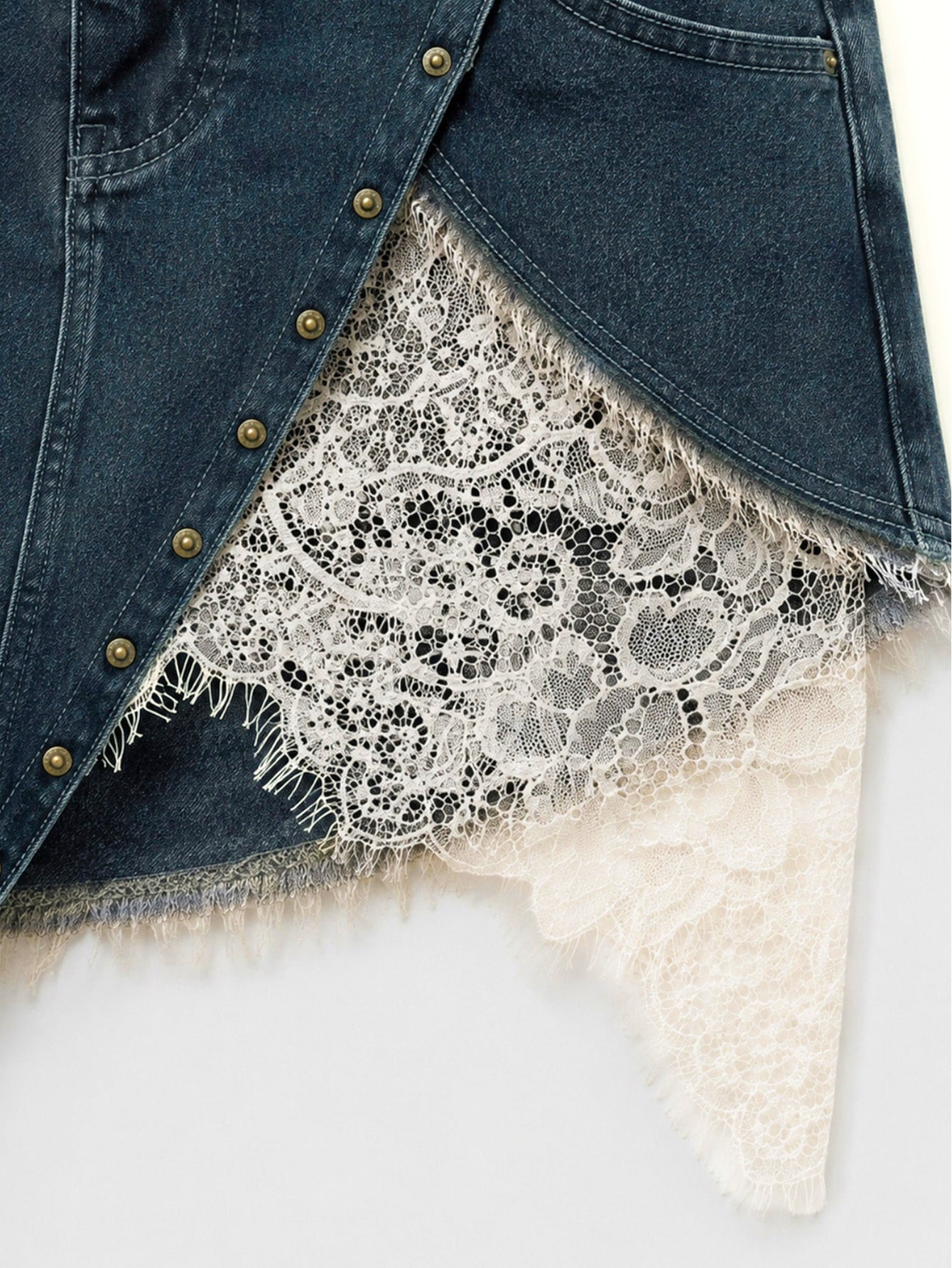 Dark Wash Denim Asymmetric Lace Detail Skort, view 5