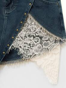 Zerodot Women Dark Wash Denim Asymmetric Lace Detail Elegant Skort Party Going Out Spring Fall - Medium Wash - View 5