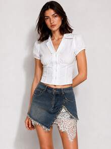 Zerodot Women Dark Wash Denim Asymmetric Lace Detail Elegant Skort Party Going Out Spring Fall - Medium Wash - View 1