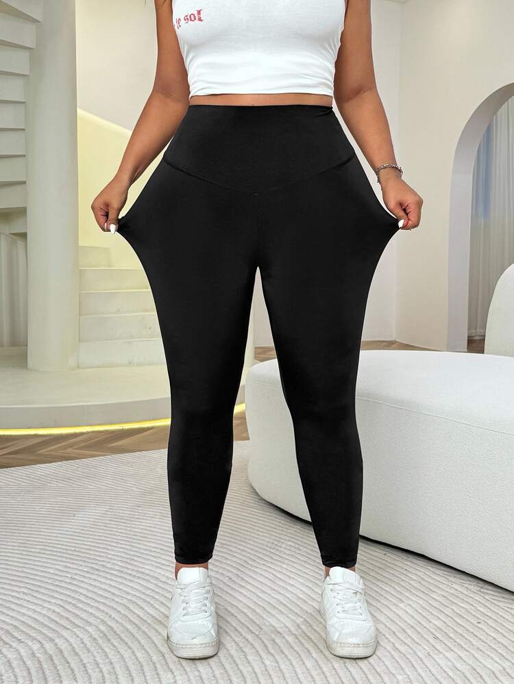 Solflare Plus Size Women's Solid Color High Waist Daily Fitness Leggings - Black - View 5