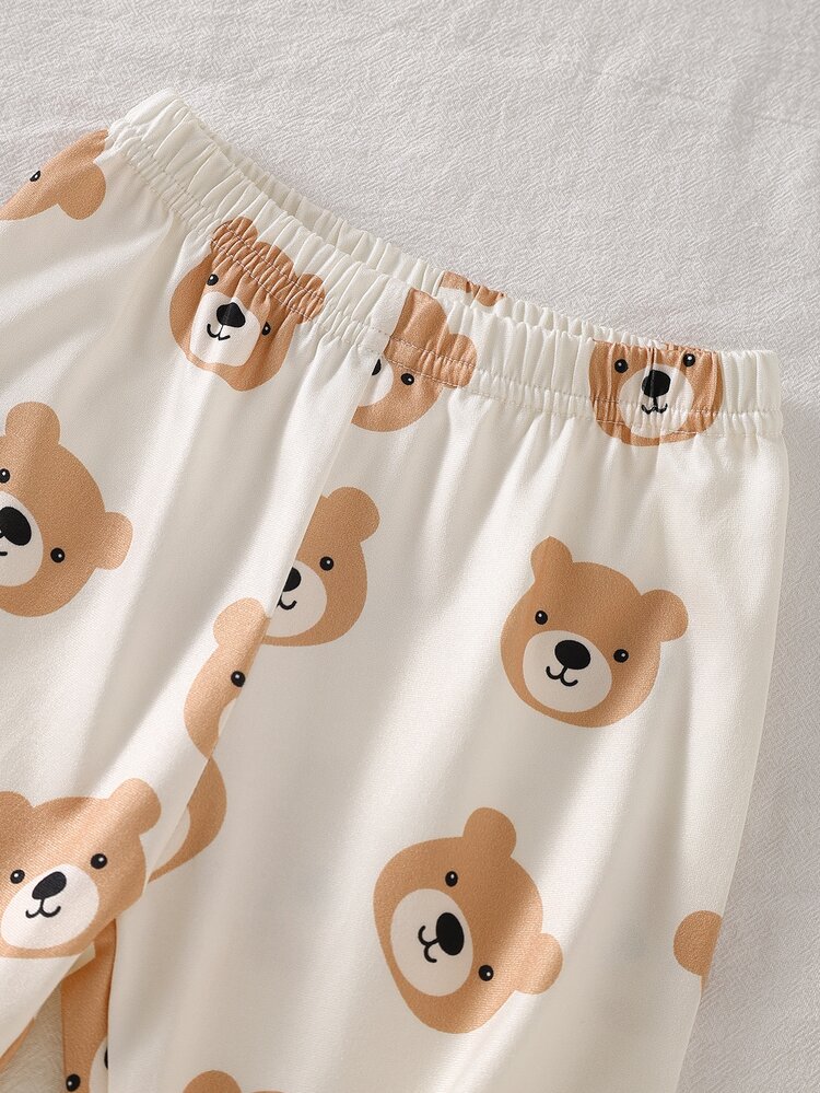 Baby Boy Fashionable Minimalist Elegant Cute Daily Comfortable Casual Soft Skin-Friendly Knitted Fabric Apricot Brown Bear Cartoon Lapel Button-Front Long Sleeve Top With Pants Pajama Set Homewear 2-Piece Set - Brown - View 6