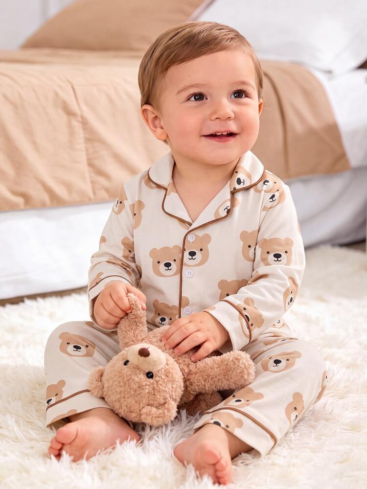 Baby Boy Fashionable Minimalist Elegant Cute Daily Comfortable Casual Soft Skin-Friendly Knitted Fabric Apricot Brown Bear Cartoon Lapel Button-Front Long Sleeve Top With Pants Pajama Set Homewear 2-Piece Set - Brown - View 8