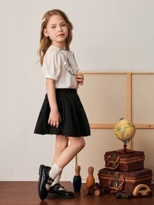PrepCrw 年轻女孩春夏校园风格白色荷叶边衬衫和海军蓝百褶迷你裙套装 - 黑與白 - 查看 6