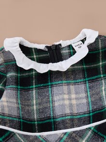 SHEIN Young Girls Checkered Woven Cinched Waist A-Line Ruffle Collar Dress, For Autumn/Winter - Green - View 4