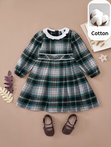 SHEIN Young Girls Checkered Woven Cinched Waist A-Line Ruffle Collar Dress, For Autumn/Winter - Green - View 1