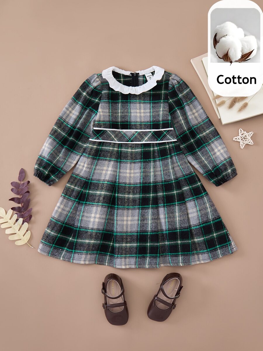 SHEIN Young Girls Checkered Woven Cinched Waist A-Line Ruffle Collar Dress, For Autumn/Winter - Green - View 1