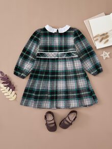 SHEIN Young Girls Checkered Woven Cinched Waist A-Line Ruffle Collar Dress, For Autumn/Winter - Green - View 2