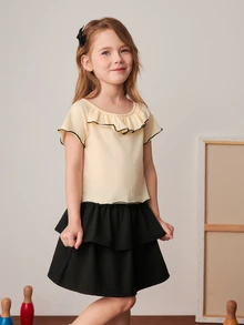 PrepCrw Young Girls' Preppy Style Bow Decor Crew Neck T-Shirt And Mini Skirt Set, Spring/Summer - Multicolor - View 7