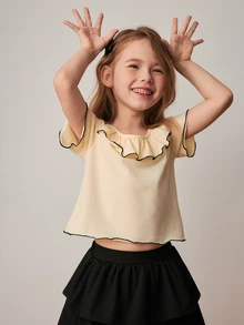 PrepCrw Young Girls' Preppy Style Bow Decor Crew Neck T-Shirt And Mini Skirt Set, Spring/Summer - Multicolor - View 3