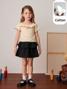 PrepCrw Young Girls' Preppy Style Bow Decor Crew Neck T-Shirt And Mini Skirt Set, Spring/Summer - Multicolor - View 1