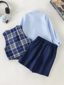 SHEIN Young Boys' Spring/Summer Green Plaid Vest, Shirt & Shorts Coordinated Outfit - Blue - View 2