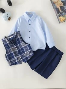 SHEIN Young Boys' Spring/Summer Green Plaid Vest, Shirt & Shorts Coordinated Outfit - Blue - View 5