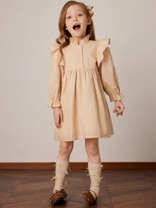 PrepCrw Young Girls Khaki Loose Ruffle Sleeve Dress, Spring/Summer - Yellow - View 7