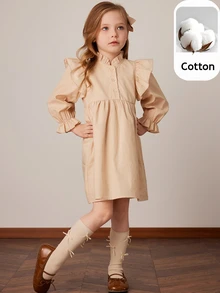 PrepCrw Young Girls Khaki Loose Ruffle Sleeve Dress, Spring/Summer - Yellow - View 1