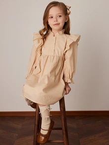 PrepCrw Young Girls Khaki Loose Ruffle Sleeve Dress, Spring/Summer - Yellow - View 5