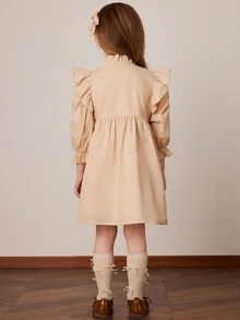 PrepCrw Young Girls Khaki Loose Ruffle Sleeve Dress, Spring/Summer - Yellow - View 2