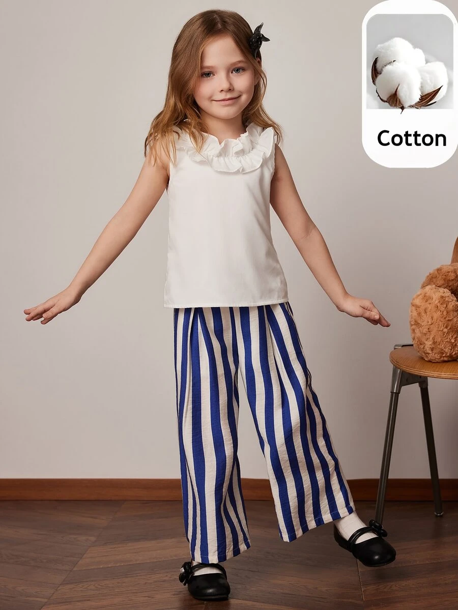 PrepCrw Young Girls 2 Pcs Set: Ruffle Trim White Shirt + Blue & White Striped Pants, Spring/Summer - Blue and White - View 1