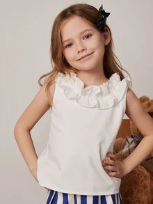 PrepCrw Young Girls 2 Pcs Set: Ruffle Trim White Shirt + Blue & White Striped Pants, Spring/Summer - Blue and White - View 3