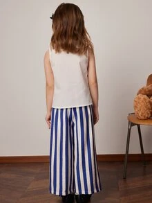 PrepCrw Young Girls 2 Pcs Set: Ruffle Trim White Shirt + Blue & White Striped Pants, Spring/Summer - Blue and White - View 2