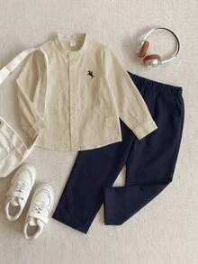 PrepCrw Young Boys Preppy Style Logo Embroidered Stand Collar Long Sleeve Shirt/Long Pants Set - Multicolor - View 2