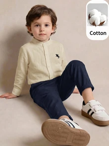 PrepCrw Young Boys Preppy Style Logo Embroidered Stand Collar Long Sleeve Shirt/Long Pants Set - Multicolor - View 1