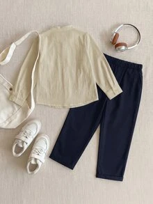 PrepCrw Young Boys Preppy Style Logo Embroidered Stand Collar Long Sleeve Shirt/Long Pants Set - Multicolor - View 3