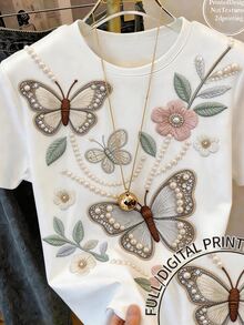 Blusa de manga corta con estampado floral digital para niñas preadolescentes, casual y cómoda para primavera/verano, atuendo versátil para actividades al aire libre, adecuada para picnics, fotografía callejera, vacaciones, regalos y uso diario - Multicolor - Ver 3