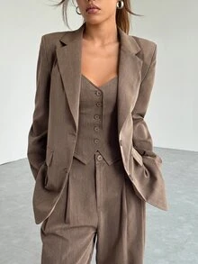 SHEIN EZwear 女款純色翻領夾克、單排扣背心與長褲優雅套裝 - 棕色 - 查看 4