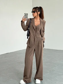 SHEIN EZwear 女款純色翻領夾克、單排扣背心與長褲優雅套裝 - 棕色 - 查看 5