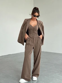SHEIN EZwear 女款純色翻領夾克、單排扣背心與長褲優雅套裝 - 棕色 - 查看 1