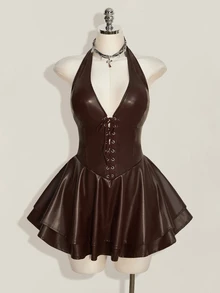 SHEIN ICON 大尺碼女款 Y2K Gyaru 風格時尚套裝－露背掛脖交叉綁帶 PU 皮革黑色迷你洋裝，適合演唱會、夜店派對、音樂節與嘉年華活動 - 棕色 - 查看 3