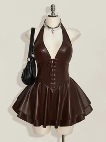SHEIN ICON 大尺碼女款 Y2K Gyaru 風格時尚套裝－露背掛脖交叉綁帶 PU 皮革黑色迷你洋裝，適合演唱會、夜店派對、音樂節與嘉年華活動 - 棕色 - 查看 1
