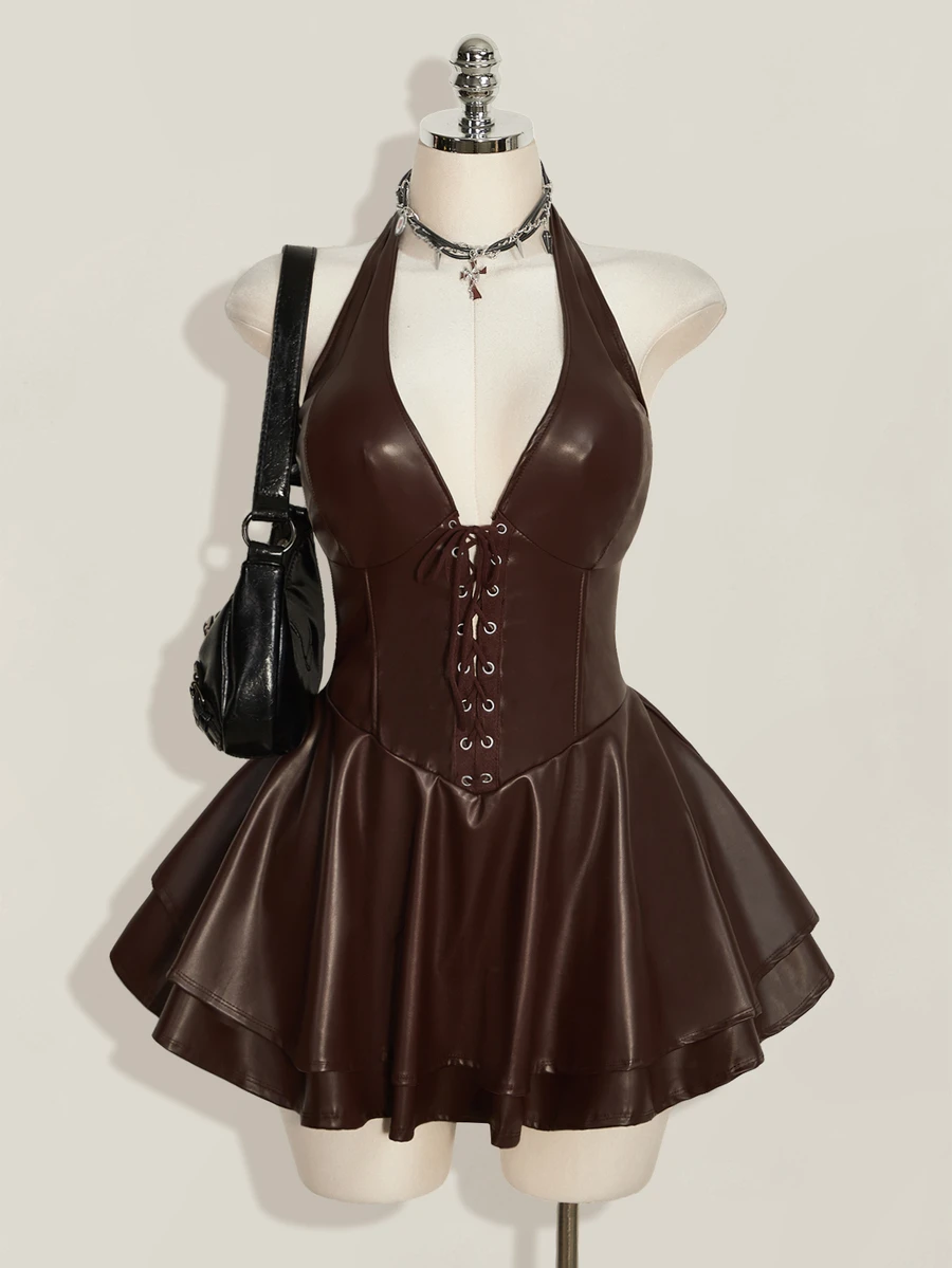 SHEIN ICON 大尺碼女款 Y2K Gyaru 風格時尚套裝-露背掛脖交叉綁帶 PU 皮革黑色迷你洋裝,適合演唱會、夜店派對、音樂節與嘉年華活動 - 棕色 - 查看 1