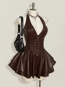 SHEIN ICON 大尺碼女款 Y2K Gyaru 風格時尚套裝－露背掛脖交叉綁帶 PU 皮革黑色迷你洋裝，適合演唱會、夜店派對、音樂節與嘉年華活動 - 棕色 - 查看 6