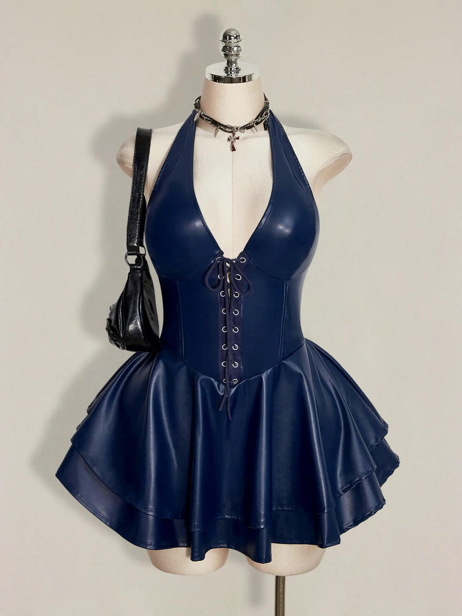 SHEIN ICON 大尺碼女款 Y2K Gyaru 風格時尚套裝-露背掛脖交叉綁帶 PU 皮革黑色迷你洋裝,適合演唱會、夜店、音樂節與派對 - 藏蓝色 - 查看 1