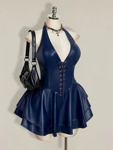 SHEIN ICON 大尺碼女款 Y2K Gyaru 風格時尚套裝－露背掛脖交叉綁帶 PU 皮革黑色迷你洋裝，適合演唱會、夜店、音樂節與派對 - 藏蓝色 - 查看 6