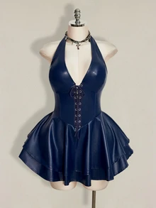 SHEIN ICON 大尺碼女款 Y2K Gyaru 風格時尚套裝－露背掛脖交叉綁帶 PU 皮革黑色迷你洋裝，適合演唱會、夜店、音樂節與派對 - 藏蓝色 - 查看 3