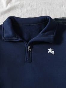 SHEIN 青少年女孩秋季上衣，海軍藍基本款半拉鍊立領運動衫，可愛極簡寬鬆休閒街頭風套頭衫，適合返校穿搭 - 藏蓝色 - 查看 7