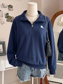 SHEIN 青少年女孩秋季上衣，海軍藍基本款半拉鍊立領運動衫，可愛極簡寬鬆休閒街頭風套頭衫，適合返校穿搭 - 藏蓝色 - 查看 3