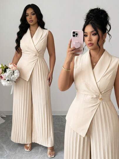 Elenzga Plus Size Women's Elegant Minimalist Commute Casual Vacation Daily Date Party Banquet Shopping Fashion Apricot Pleated Button Decor Jumpsuit