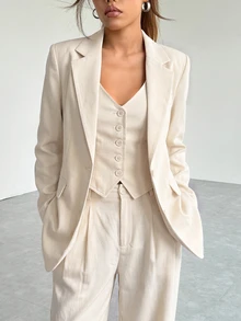 SHEIN EZwear 女款純色翻領長袖夾克、單排扣背心與長褲休閒套裝 - 杏色 - 查看 4