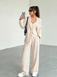 SHEIN EZwear 女款純色翻領長袖夾克、單排扣背心與長褲休閒套裝 - 杏色 - 查看 5