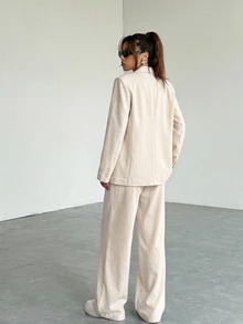 SHEIN EZwear 女款純色翻領長袖夾克、單排扣背心與長褲休閒套裝 - 杏色 - 查看 2