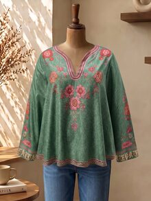 Rusticease Kemeja Fashion Lengan Panjang Bordir Ukuran Besar untuk Liburan dan Pakaian Sehari-hari, Formal Liburan, Warna Merah Muda Pudar, Kasual Musim Gugur, Tradisional - Dark Green - View 4