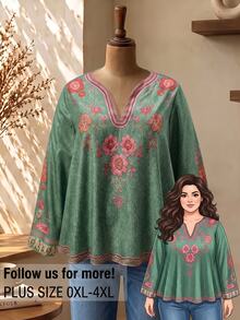 Rusticease Kemeja Fashion Lengan Panjang Bordir Ukuran Besar untuk Liburan dan Pakaian Sehari-hari, Formal Liburan, Warna Merah Muda Pudar, Kasual Musim Gugur, Tradisional - Dark Green - View 8