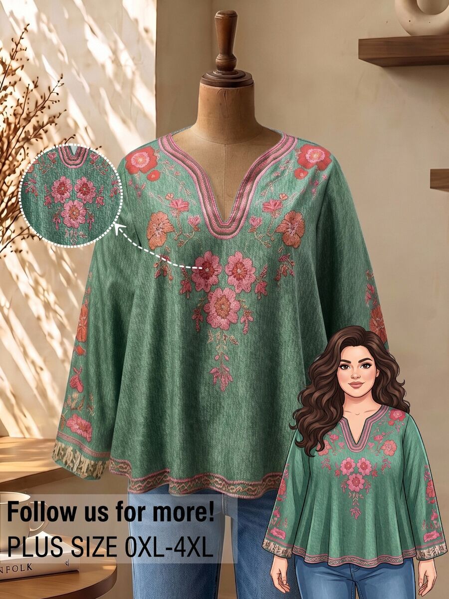 Rusticease Kemeja Fashion Lengan Panjang Bordir Ukuran Besar untuk Liburan dan Pakaian Sehari-hari, Formal Liburan, Warna Merah Muda Pudar, Kasual Musim Gugur, Tradisional - Dark Green - View 1