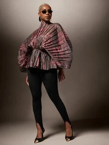 Vixey Mixed Color Animal Print Sheer Organza Fake Collar Long Sleeve Ruffle Hem Pleated Blouse - Red Violet - View 4