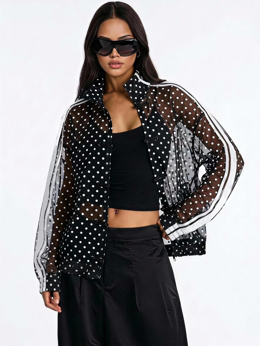 SHEIN EZwear Plus Size Women's Polka Dot Pattern Side Stripe Frog Button Front Jacket - Black and White - View 1
